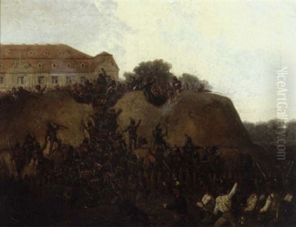 A Military Siege By A Mansion Oil Painting by Gustav Otto Mueller