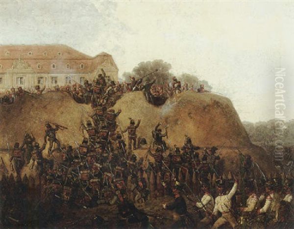 A Military Seige By A Mansion Oil Painting by Gustav Otto Mueller