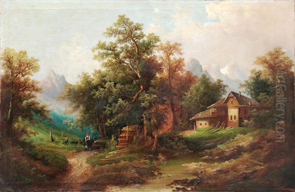 Alpenhof Mit Gebirgsbach Oil Painting by Heinrich Eduard Muller