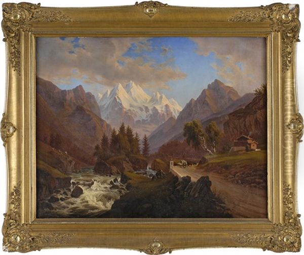 Alpine Landschaft Mit Passtrasse Und Wildbach Oil Painting by Heinrich Eduard Muller