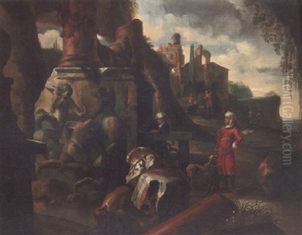 Figures In Oriental Costume Inspecting Classical Ruins Oil Painting by Jacques (Jacob) Mueller