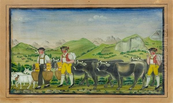 Driving The Cows To The Mountain Pastures, With Alpine Herdsmen Bearing Bells At The Head Of The Cow Train Oil Painting by Johannes Mueller