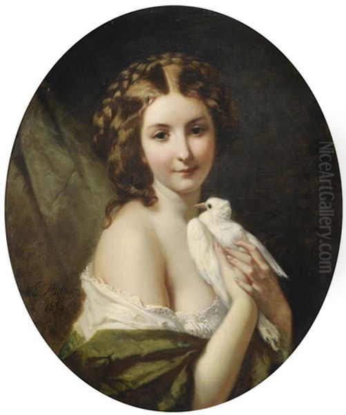 Young Lady With A Dove Oil Painting by Karl Friedrich Johann von Mueller