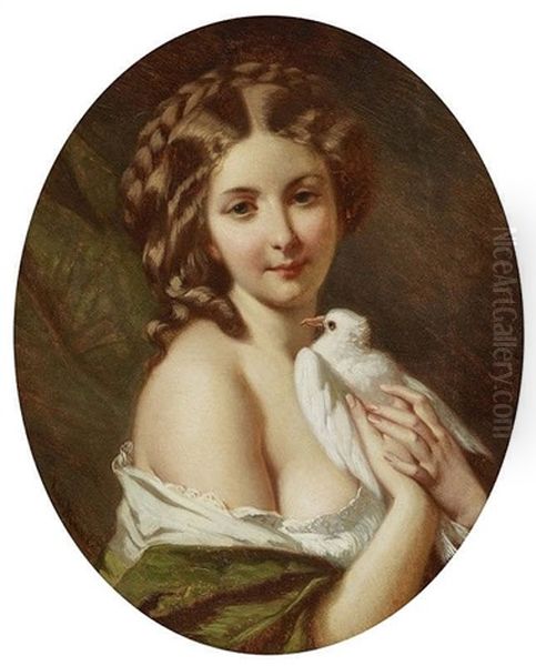 Young Woman With Dove - Young Woman With Parrot (2 Works) Oil Painting by Karl Friedrich Johann von Mueller