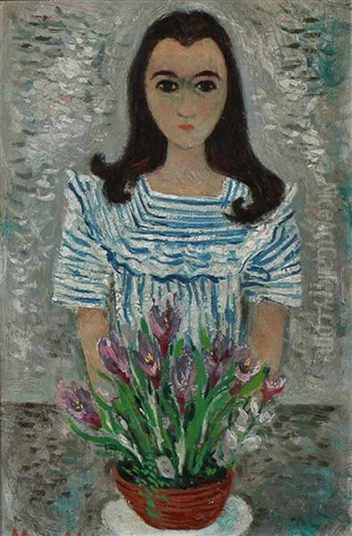 Girl With Flowers Oil Painting by Max Mueller