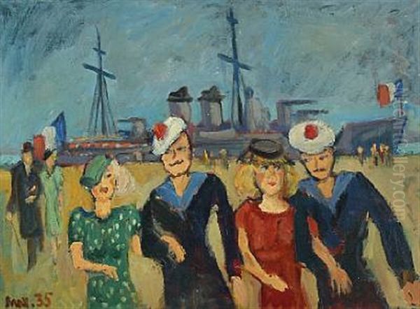 Scenery From The Docks With French Sailors And Their Girfriends On The Quay Oil Painting by Max Mueller