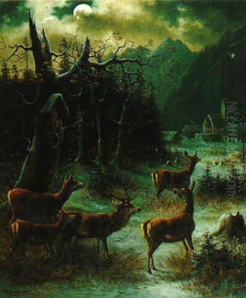 Deer By Moonlight Oil Painting by Moritz (Kindermueller) Mueller