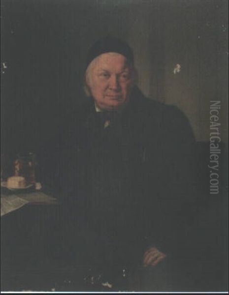 Portrait Of A Man, Seated Half-length In An Interior,       Wearing A Black Coat And Cap Oil Painting by Moritz (Kindermueller) Mueller