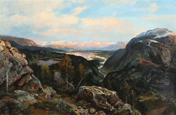 Norwegian Mountain Landscape With A Person And Cabins Oil Painting by Morten Mueller