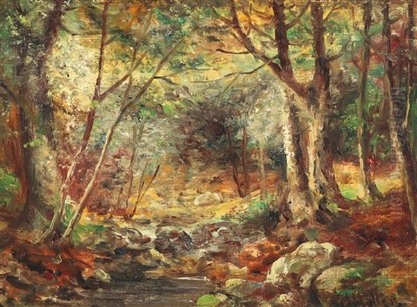 A Forest Scenery With A Stream Oil Painting by Morten Mueller