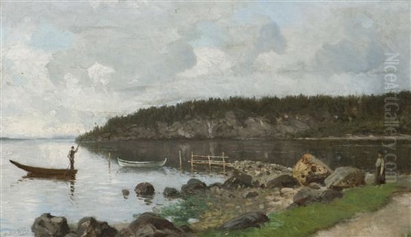 Fjordlandskap Med Folkeliv Oil Painting by Morten Mueller