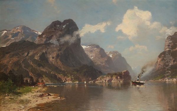 Fjordlandskap Med Dampbat Oil Painting by Morten Mueller