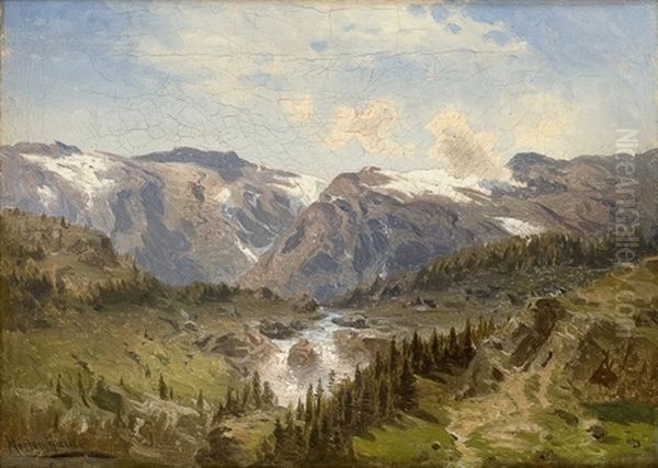 Norwegian Landscape With A River Oil Painting by Morten Mueller