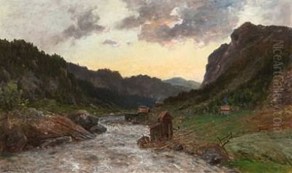 Landskap Med Foss Oil Painting by Morten Mueller