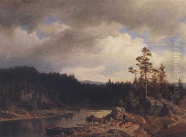 Hester Og Mann Ved Skogsvann Oil Painting by Morten Mueller