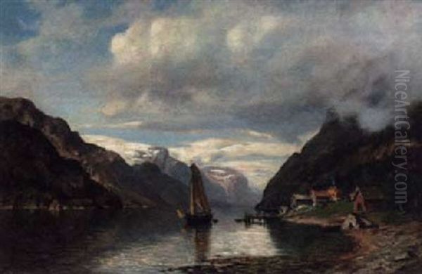 A Sailing Boat In A Rocky Fjord Landscape Oil Painting by Morten Mueller