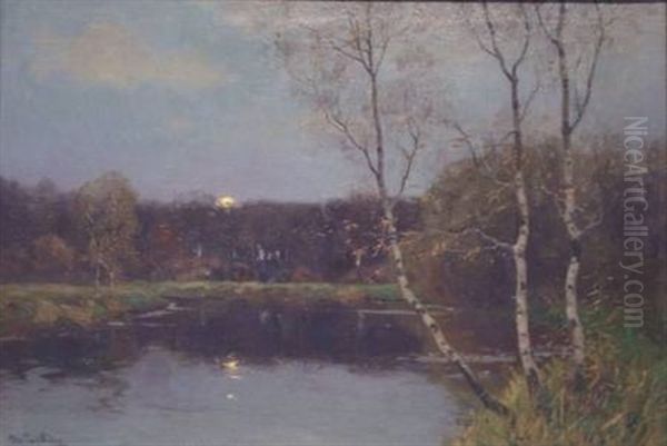 Herbstabend An Einem Waldteich Oil Painting by Peter Paul Mueller