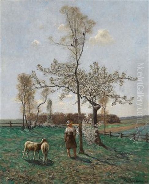 Schafhirtin Unter Bluhenden Baumen Oil Painting by Peter Paul Mueller