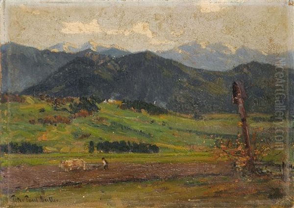 Pflugender Bauer In Voralpenlandschaft Oil Painting by Peter Paul Mueller