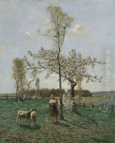 Junge Hirtin Mit Schafen In Fruhlingslandschaft by Peter Paul Mueller