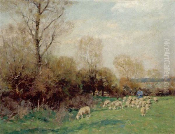 Ein Hirte Mit Seinen Schafen In Einer Sommerlandschaft Oil Painting by Peter Paul Mueller