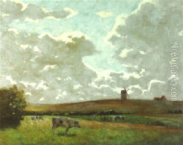 An Landscape With A Windmill And Cattle Grazing Oil Painting by Peter Paul Mueller