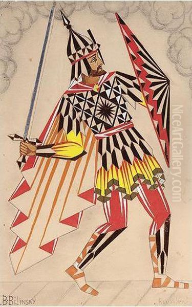 A Group Of Three Costume Designs, Comprising The Tsarevich From 'zhizn' Za Tsarya'; Design For Natalie Lissenko In 'sheherezade' And Ruslan From 'ruslan And Liudmila' (1930) Oil Painting by Boris Bilinsky