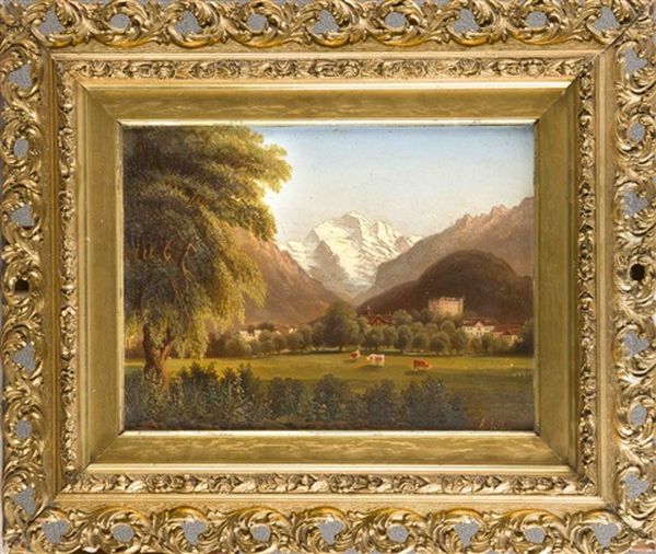 Schweizer Vedute Mit Der Ansicht Eines Dorfes Und Gebirgsmassiv Im Hintergrund Oil Painting by Rudolph Mueller