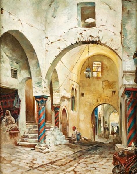 Scene De Rue A Tunis Oil Painting by Rudolph Gustav Mueller