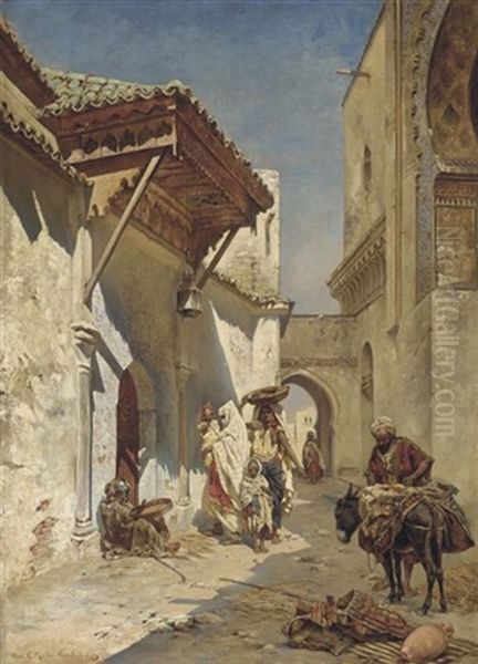 A Street Scene Oil Painting by Rudolph Gustav Mueller