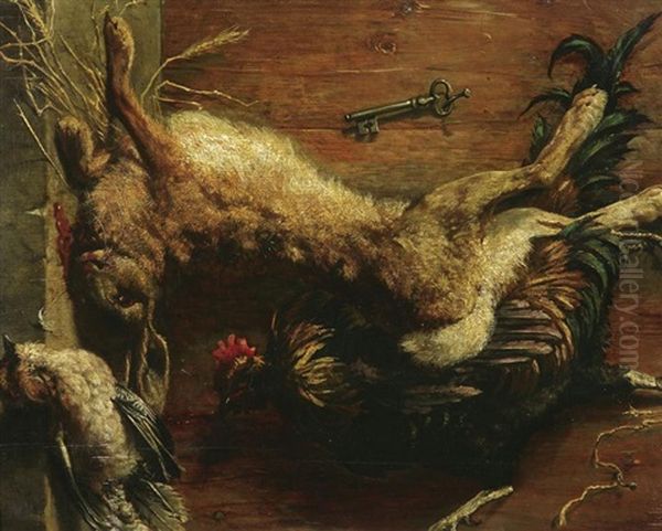 Jagdsttilleben Mit Einem Erlegten Hasen, Huhn Und Singvogel Oil Painting by Victor Mueller