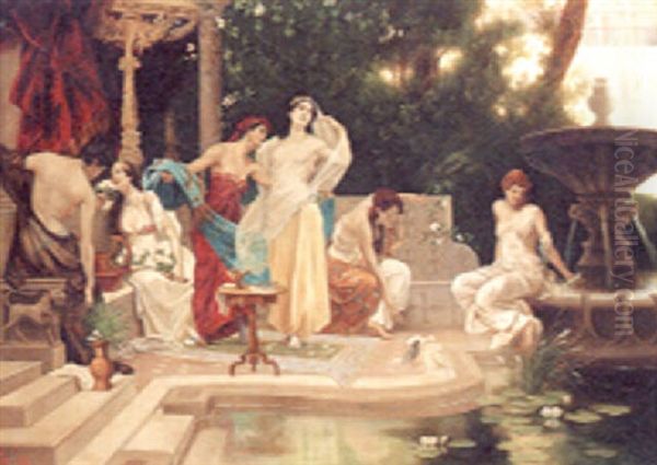 Bathing Beauties In An Oriental Garden Oil Painting by Victor Mueller