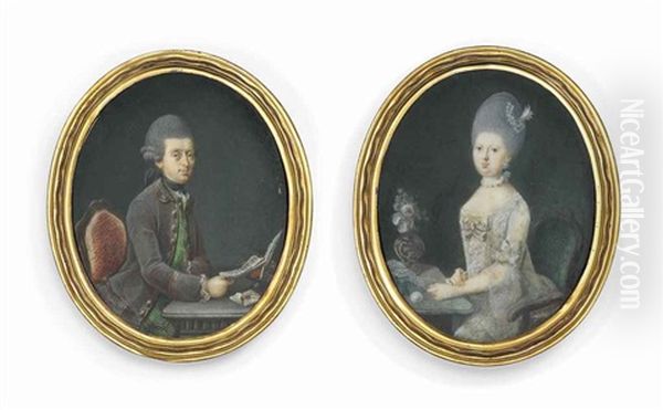 A Pair Of Miniatures: A Gentleman In Brown Frock-coat, Green Waistcoat, Black Stock, Powdered Wig Worn En Queue, Seated On A Red Upholstered Chair, At A Table, Holding A Letter In His Right Hand by Wilhelm Andreas Mueller