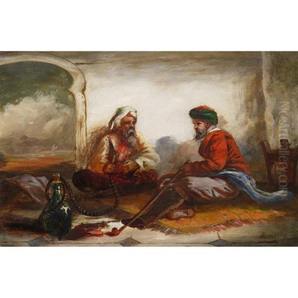 Two Middle-eastern Merchants Seated On A Mat, Smoking Oil Painting by William James Mueller