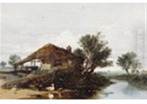 A Barn With Cattle By A River, Ducks On The Shore by William James Mueller