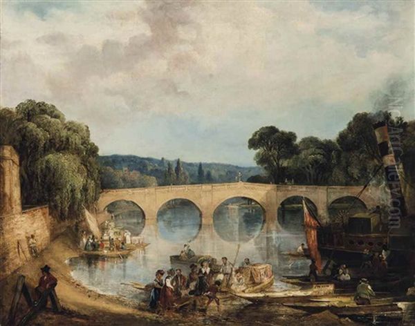 A View Of Richmond Bridge A Steamboat And Punts In The Foreground Oil Painting by William James Mueller