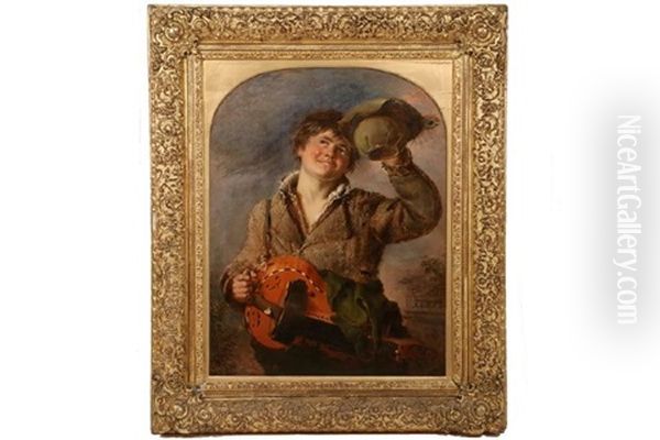 Life-sized Portrait Of An Italian Boy With Hurdy-gurdy Doffing His Cap by William James Mueller