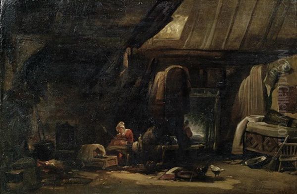 A Cottage Interior With Mother And Child Oil Painting by William James Mueller