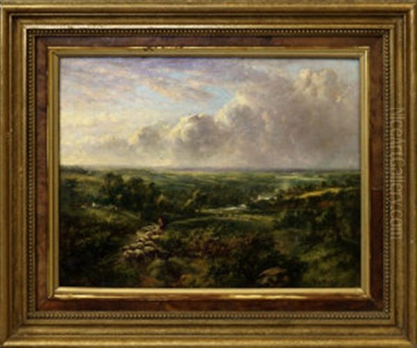 Sheep Drover In A Hilly River Landscape With Woodland Oil Painting by William James Mueller