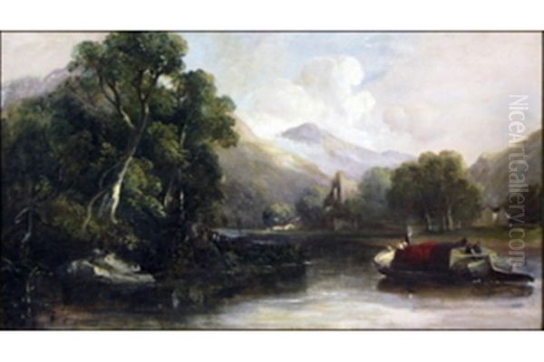 River Landscape With Boats Oil Painting by William James Mueller