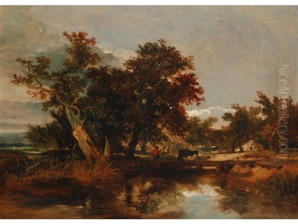 A Figure And Livestock Crossing A Bridge Beside A Woodland And Cottage Oil Painting by William James Mueller