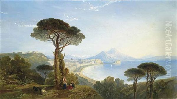 The Bay Of Naples, Mount Vesuvius Beyond Oil Painting by William James Mueller