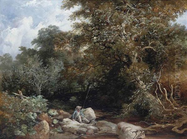 An Angler Beside A Wooded Stream Oil Painting by William James Mueller