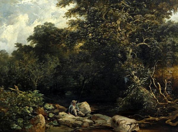 Boy Fishing In A Woodland Stream Oil Painting by William James Mueller