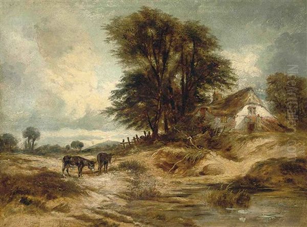 Two Donkeys Grazing Before A Thatched Cottage Oil Painting by William James Mueller