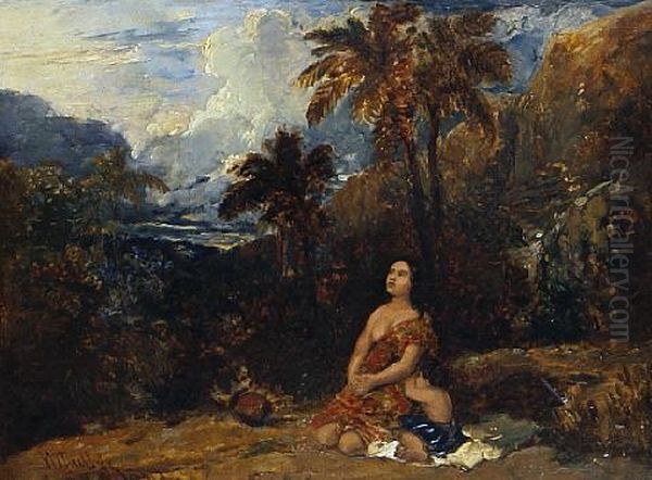 Mother And Child In An Oriental Landscape Oil Painting by William James Mueller