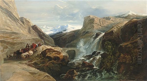 The Splugen Pass, With Mont Blanc In The Distance Oil Painting by William James Mueller