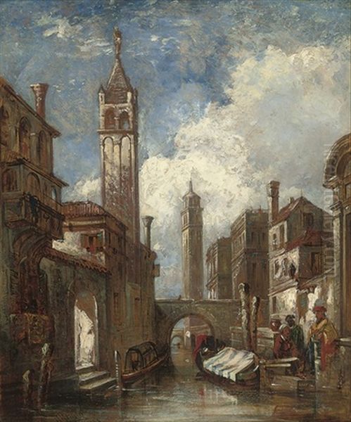 A Venetian Canal With Merchants Conversing By A Godola Oil Painting by William James Mueller