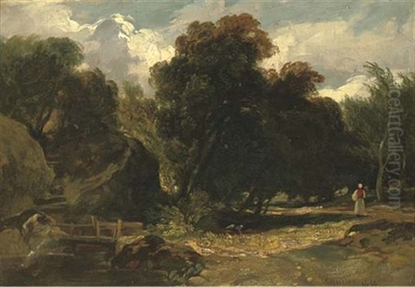 Wooded River Landscape With A Figure On A Path Oil Painting by William James Mueller