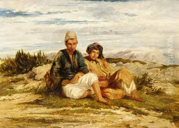 Two Oriental Boys Resting In A Landscape Oil Painting by William James Mueller